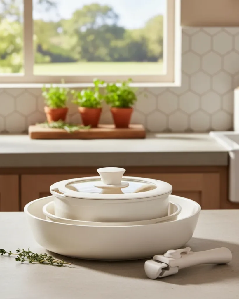 Batería de Cocina Beige 5 Piezas Antiadherente con Mango Desmontable