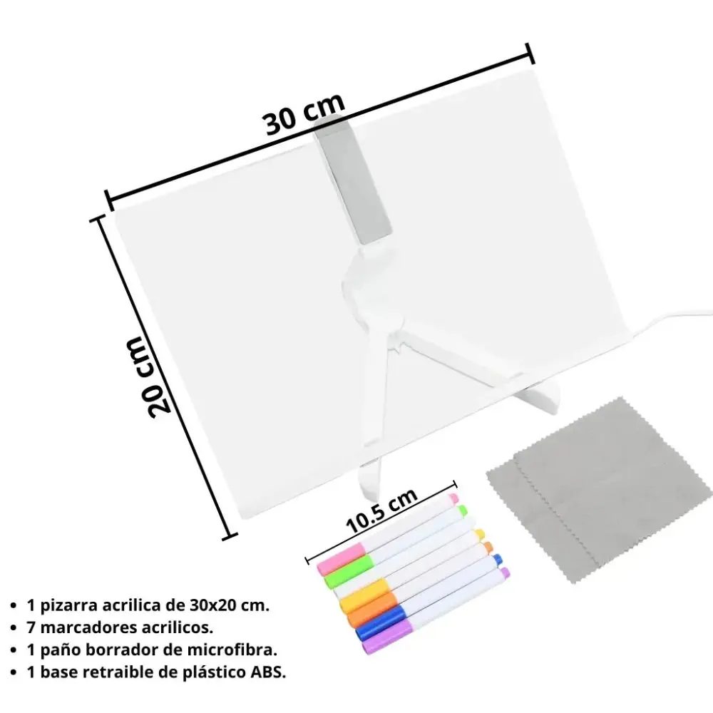 Pizarra Magica Led 20x30 Con Soporte Cable Usb + 7 Fibras - Imagen 2