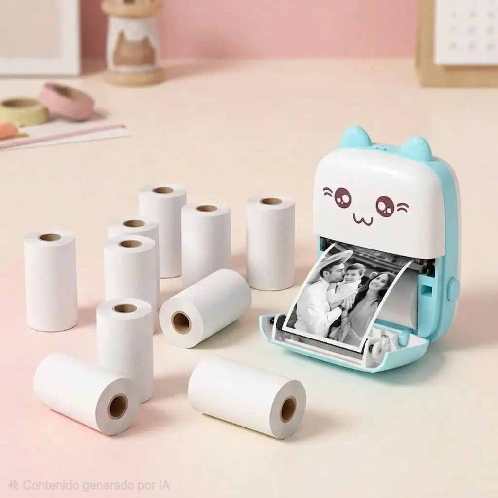 Mini Impresora Térmica Bluetooth Portátil Gatito Color Celeste + 5 Rollos de Papel Adhesivo