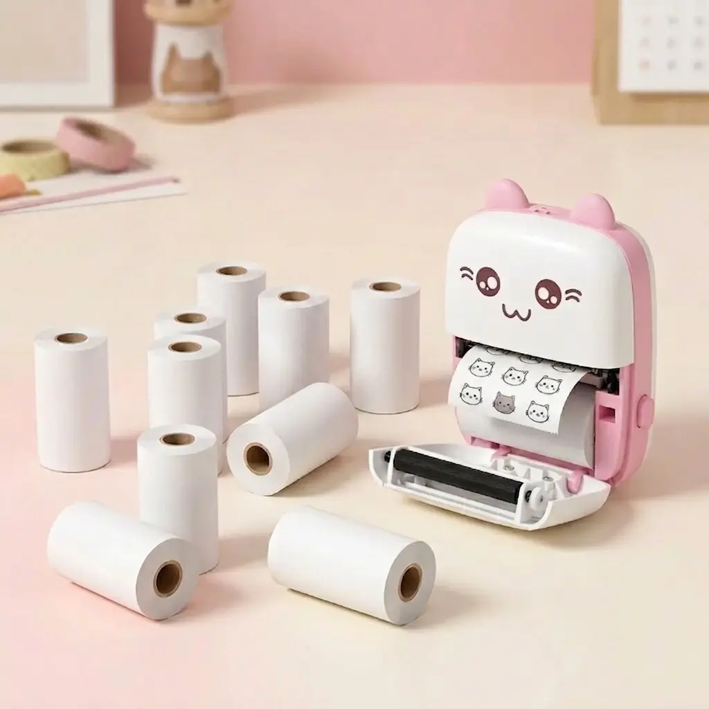 Mini Impresora Termica Bluetooth Portatil Gatito Color Rosa + 5 Rollos de Papel Adhesivo