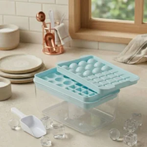 Cubetera Con Contenedor Y Cuchara Hielo En Cubos Y Esferas Color Celeste