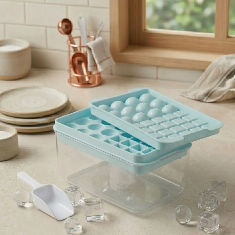 Cubetera Con Contenedor Y Cuchara Hielo En Cubos Y Esferas Color Celeste