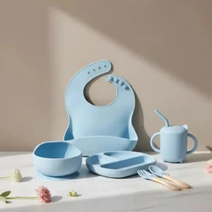 Set De Alimentación Antideslizante De Silicona Para Bebe Color Celeste