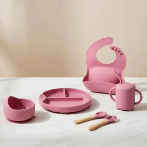 Set De Alimentación Antideslizante De Silicona Para Bebe Color Rosa