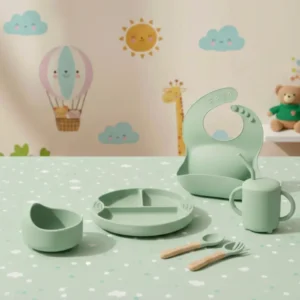 Set De Alimentación Antideslizante De Silicona Para Bebe Color Verde