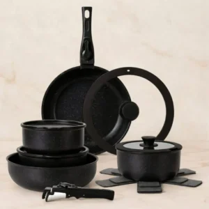 Batería de Cocina 15 Piezas Antiadherente con Doble Mango Desmontable Color Negro