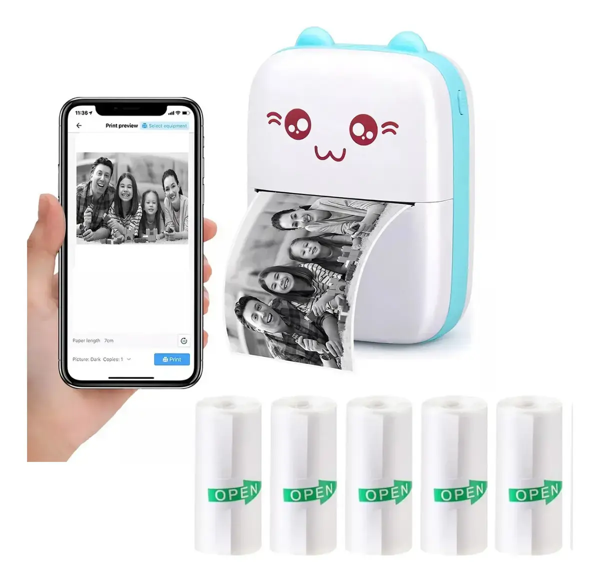 Mini Impresora Térmica Bluetooth Portátil Gatito Color Celeste + 5 Rollos de Papel Adhesivo - Image 2