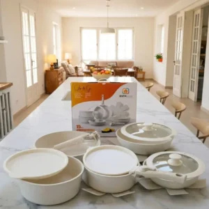 Batería de Cocina 15 Piezas Antiadherente con Doble Mango Desmontable Color Beige