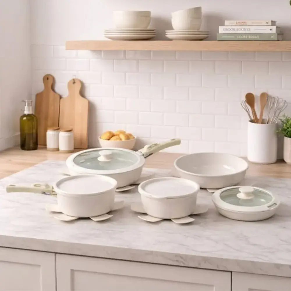 Batería de Cocina 15 Piezas Antiadherente con Doble Mango Desmontable Color Beige - Image 5