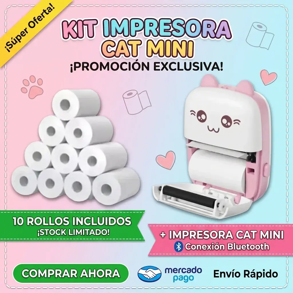 Mini Impresora Termica Bluetooth Portatil Gatito Color Rosa + 5 Rollos de Papel Adhesivo - Image 3