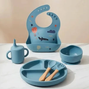 Set De Alimentación Para Bebe De Silicona Antideslizante color Azul Acero con Diseño
