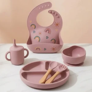 Set De Alimentación Para Bebe De Silicona Antideslizante color Rosa con Diseño