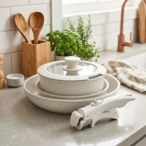 Batería de Cocina Beige 5 Piezas Antiadherente con Mango Desmontable