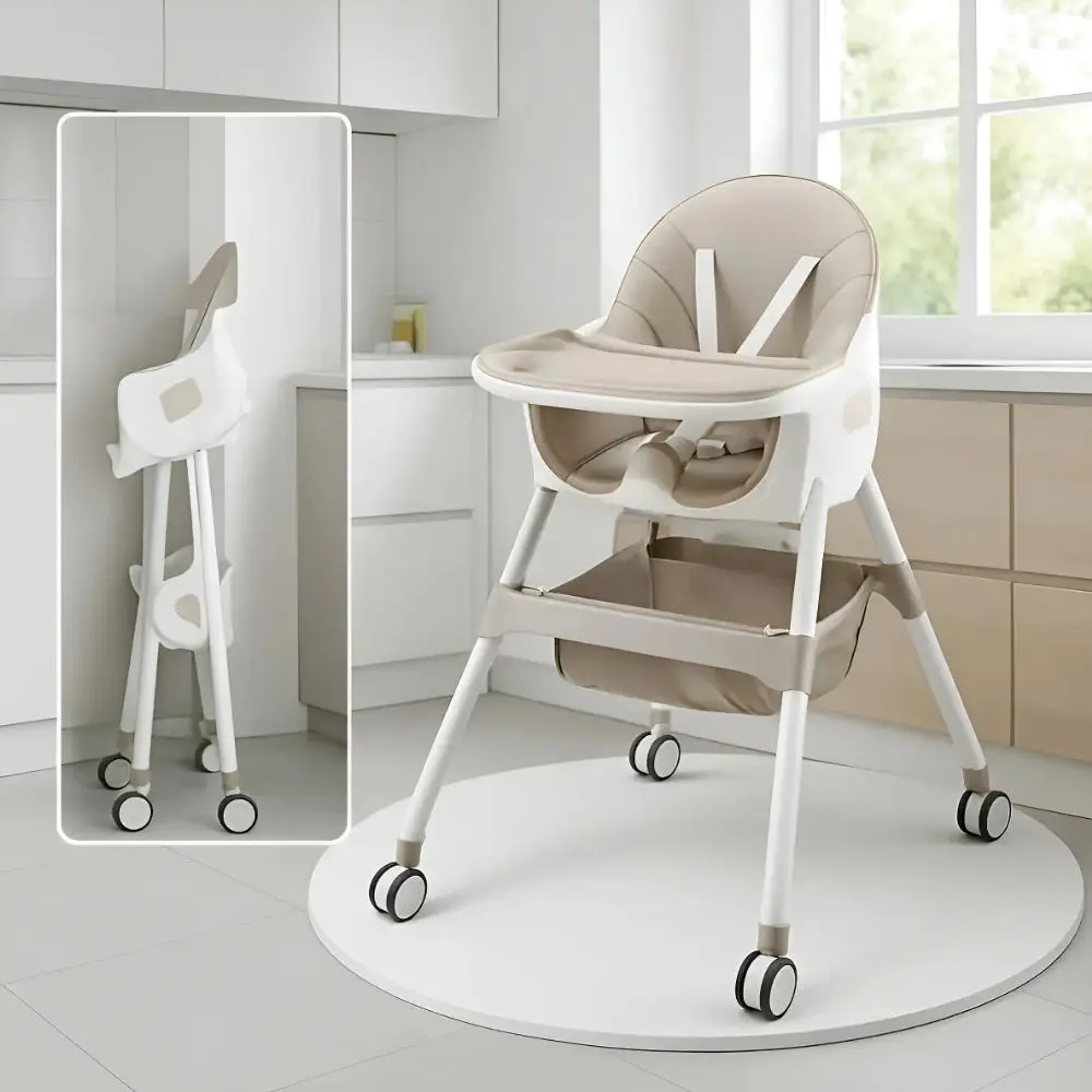 Silla de Comer para Bebé 2 en 1 Plegable y Reclinable – Caqui