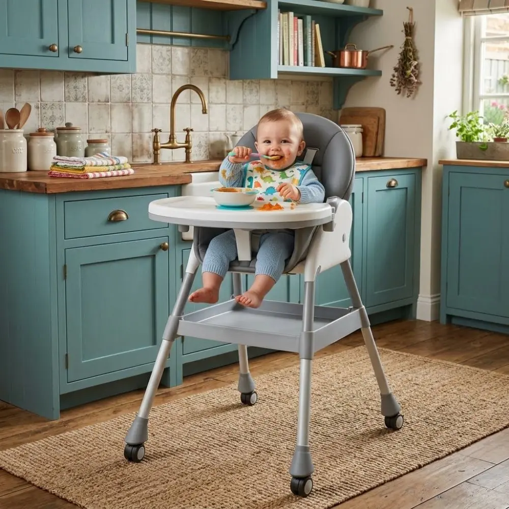 Silla de Comer para Bebé 2 en 1 Plegable y Reclinable – Gris - Imagen 2