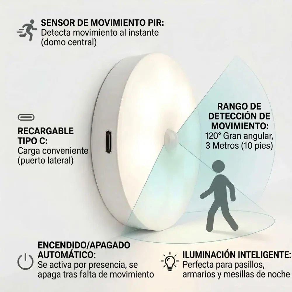 Lampara Led Nocturna Con Sensor Movimiento Recargable Usb - Imagen 7