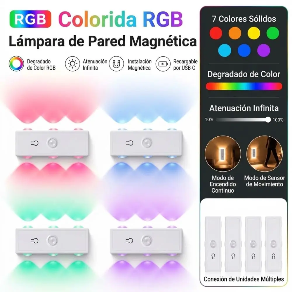 Luz Led De Colores Con Sensor Movimiento Recargable Rgb - Imagen 2