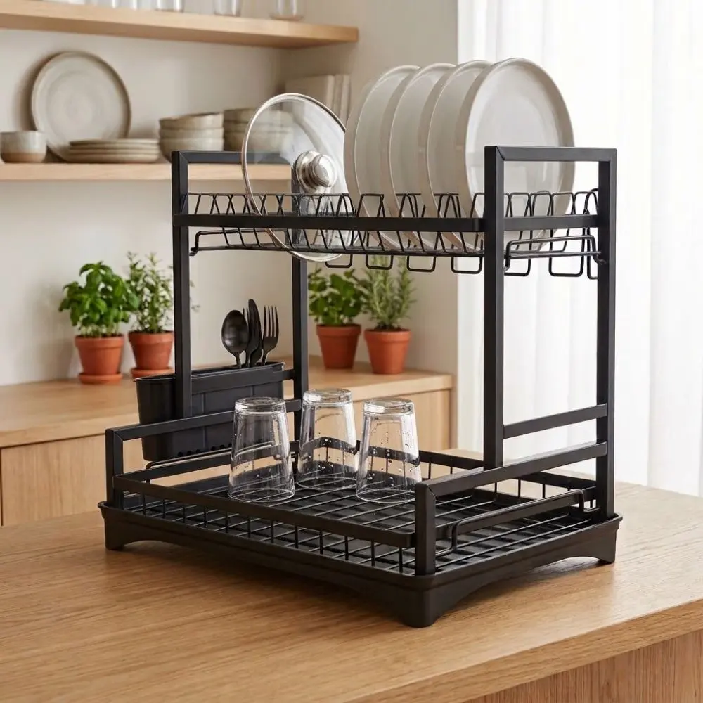 Organizador Escurridor De Platos 2 Niveles Con Desagüe Negro - Imagen 2