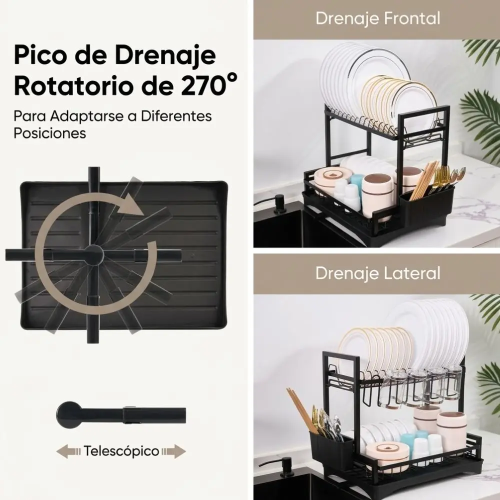 Organizador Escurridor De Platos 2 Niveles Con Desagüe Negro - Imagen 5