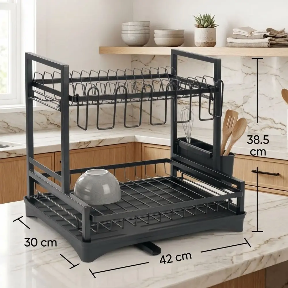 Organizador Escurridor De Platos 2 Niveles Con Desagüe Negro - Imagen 3