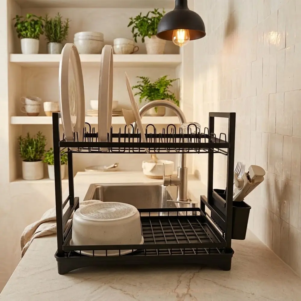 Organizador Escurridor De Platos 2 Niveles Con Desagüe Negro - Imagen 4