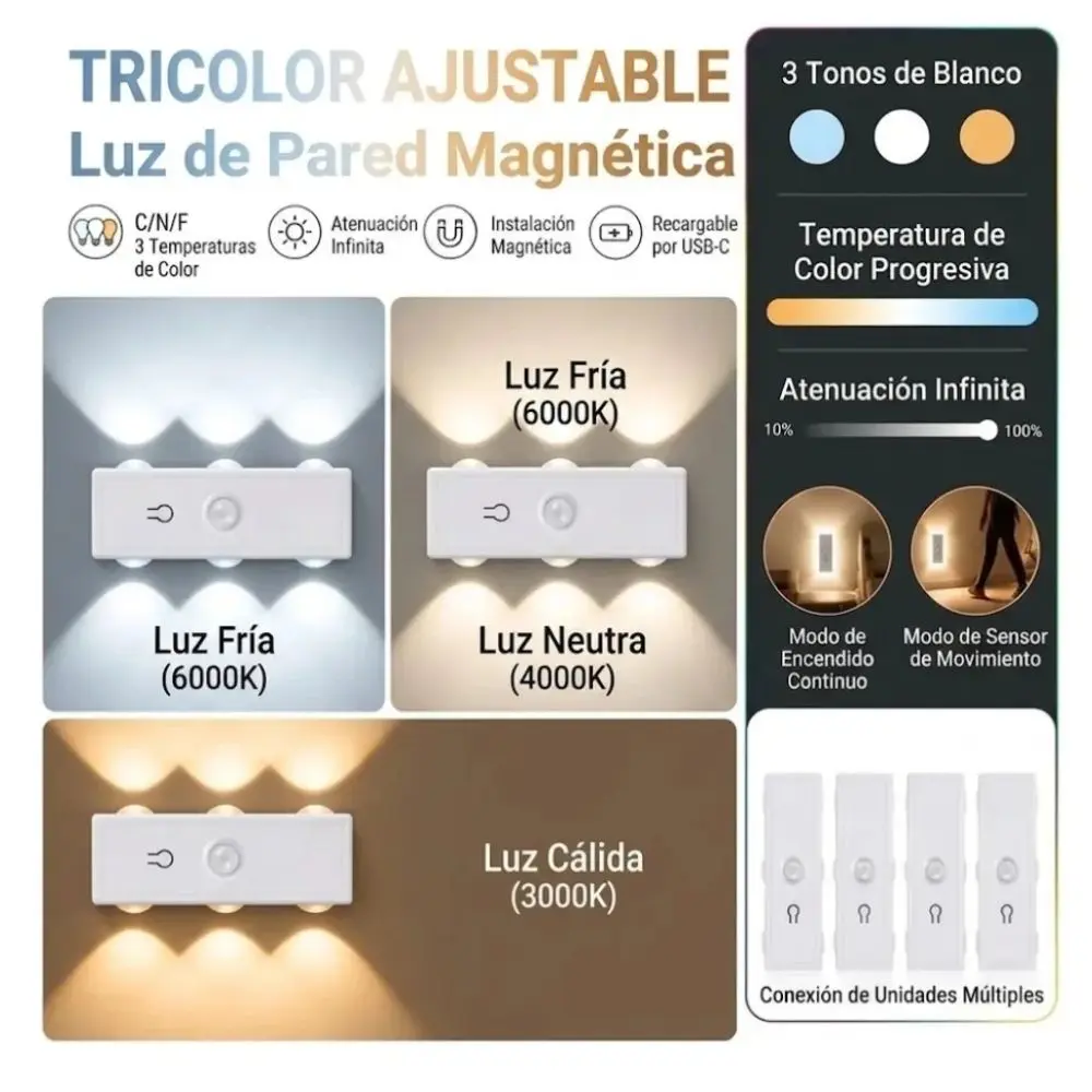 Luz Led Con Sensor Movimiento Recargable Fría - Neutra - Cálida - Imagen 3